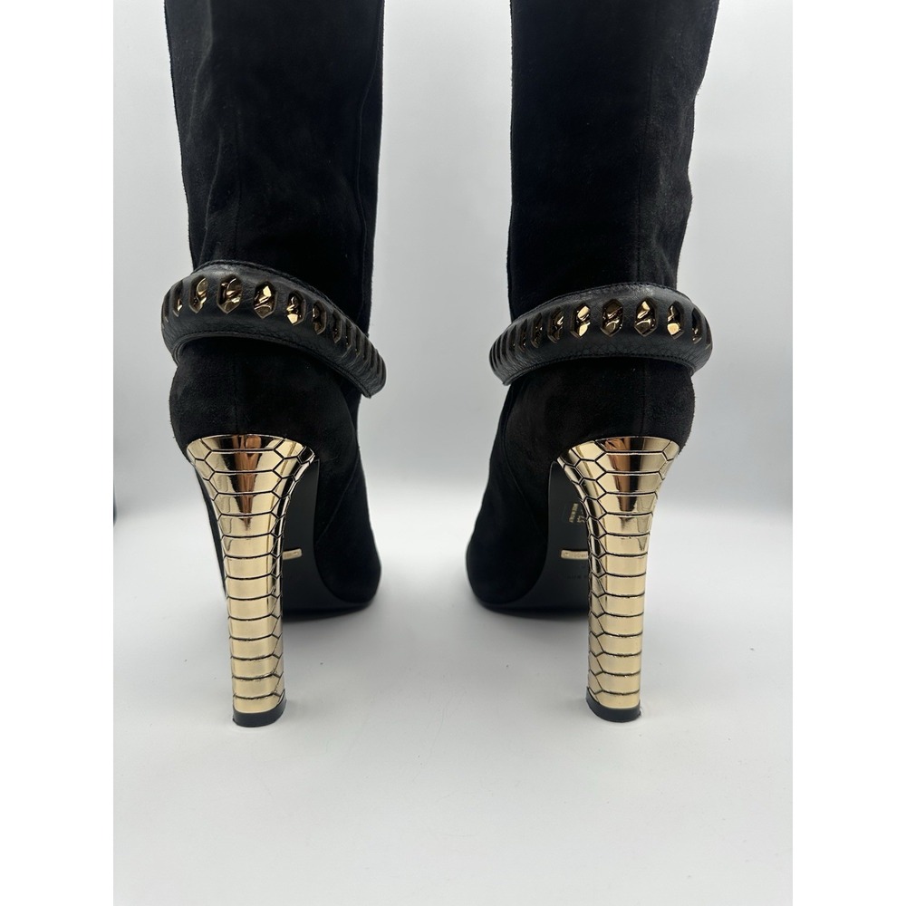 Roberto Cavalli Black Suede Knee High Boots Gold Chain & Stud Exotic Glam Rock - Picture 5 of 8
